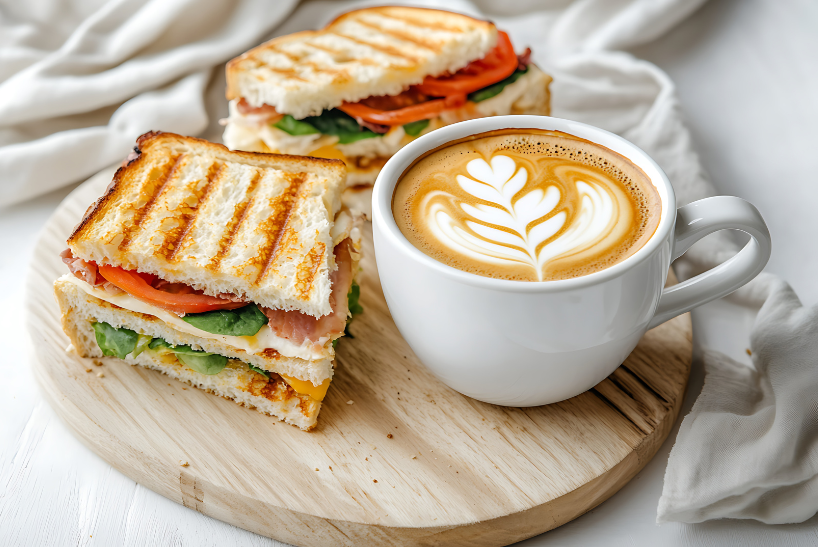 coffee flat white with a sandwich