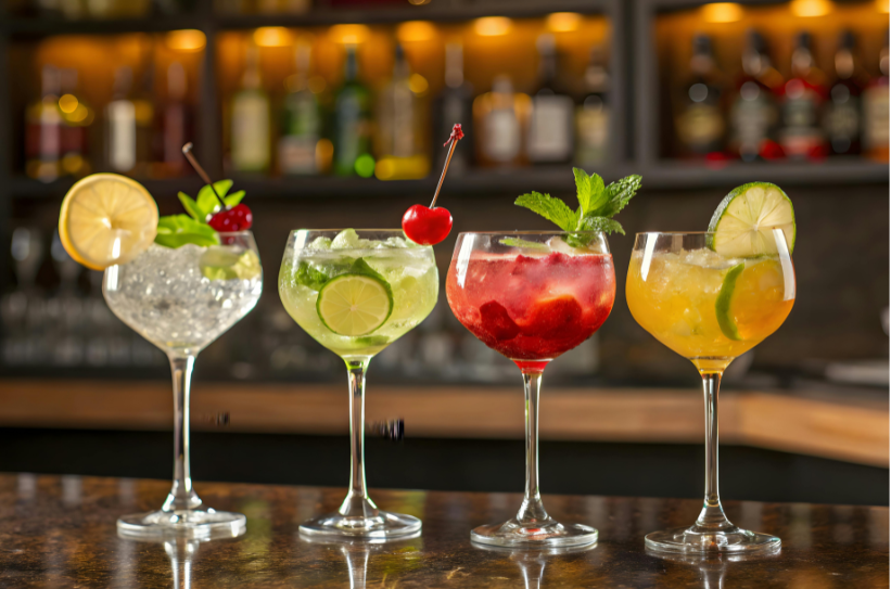 four cocktails at a bar