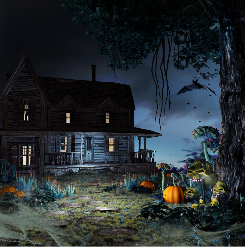 haunted house with pumpkins outside