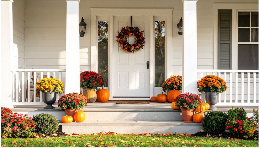 pumpkin decor with door wreath